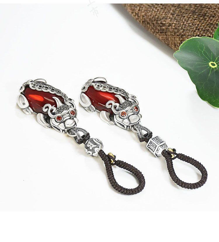 Móc khóa tì hưu bằng bạc + đá tự nhiên